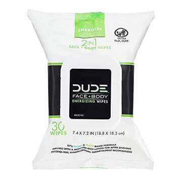 DUDE Face & Body Wipes 30 Count Energizing & Refreshing Scent Infused with Pro Vitamin B-5, Face Cle...