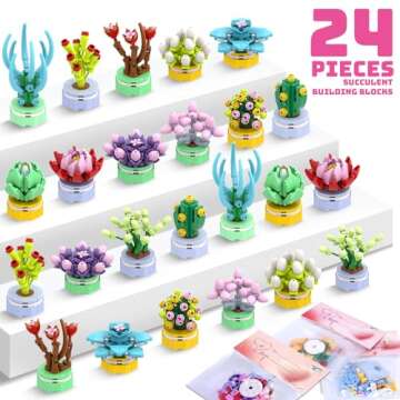 Uiseba Valentine's Day Gifts for Kids Classroom - 24PCS Building Blocks Succulent Plants Kits and Va...