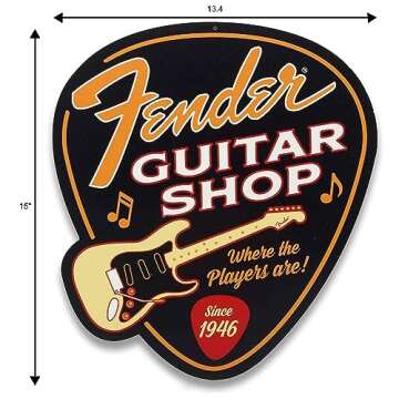 Fender Guitar Shop Pick-Shaped Metal Sign - Vintage Fender Sign for Music Room or Man Cave