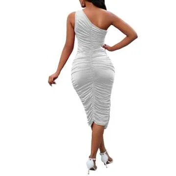 White Dresses for Women Elegant Sexy One Shoulder Dresses Club Ruched Sleeveless Midi Bodycon Dress for Club Party Night Out X-Large