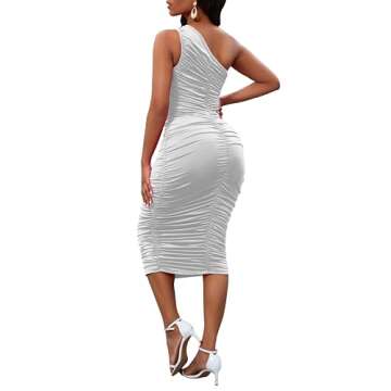 White Dresses for Women Elegant Sexy One Shoulder Dresses Club Ruched Sleeveless Midi Bodycon Dress for Club Party Night Out X-Large