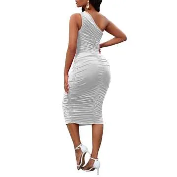 White Dresses for Women Elegant Sexy One Shoulder Dresses Club Ruched Sleeveless Midi Bodycon Dress for Club Party Night Out X-Large