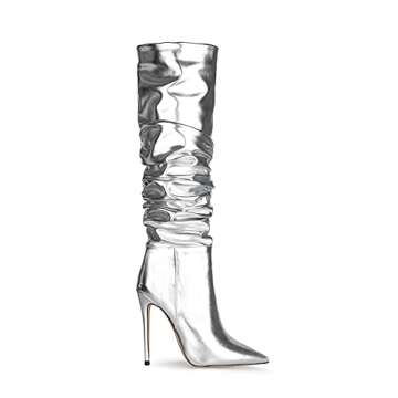 UP2STEP Women Fashion Slouchy Knee High Boots Pointed Toe High Heel Thigh High Boot Patent Mirror St...