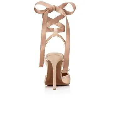 Vertundy Women's Satin Ballet Heels Champagne Lace Up Square Toe Stiletto High Bow Ballerina Heels
