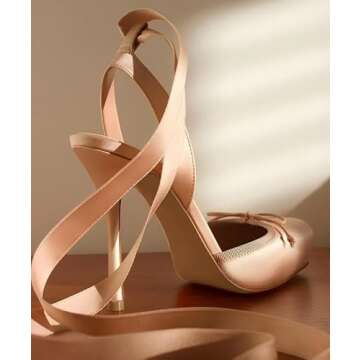 Vertundy Women's Satin Ballet Heels Champagne Lace Up Square Toe Stiletto High Bow Ballerina Heels