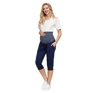 Womens Maternity Workout Pants Stretch High Waist Pregnancy Trousers Navy Blue S