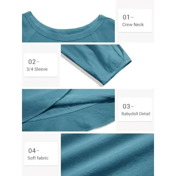 Tankaneo Womens Flowy 3/4 Sleeve Tunic Top in Lake Blue