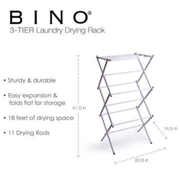 BINO 3-Tier Collapsible Drying Racks | White | Air Drying & Hanging | Foldable Portable Indoor & Out...