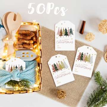 50Pcs Christmas Gift Tags with Hemp Rope Christmas Paper Gift Tags Holiday Hang Name Tags Label Watercolor Plants Wishes Labels Xmas Gift Favor Tags for Xmas Party Decor (50, Rectangular)