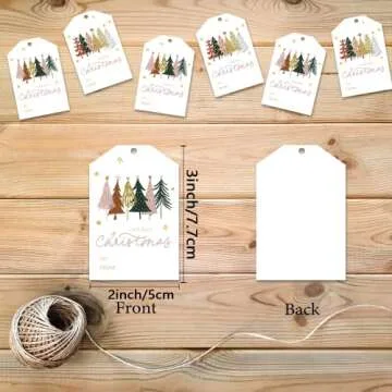 50Pcs Christmas Gift Tags with Hemp Rope Christmas Paper Gift Tags Holiday Hang Name Tags Label Watercolor Plants Wishes Labels Xmas Gift Favor Tags for Xmas Party Decor (50, Rectangular)
