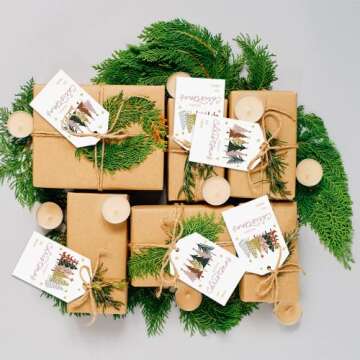 50Pcs Christmas Gift Tags with Hemp Rope Christmas Paper Gift Tags Holiday Hang Name Tags Label Watercolor Plants Wishes Labels Xmas Gift Favor Tags for Xmas Party Decor (50, Rectangular)