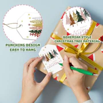 50Pcs Christmas Gift Tags with Hemp Rope Christmas Paper Gift Tags Holiday Hang Name Tags Label Watercolor Plants Wishes Labels Xmas Gift Favor Tags for Xmas Party Decor (50, Rectangular)