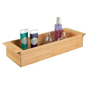 iDesig Formbu Wood Tabletop Storage Handles, Wooden Organizer for Tissues, Candles, Soap, Hand Towels, Toilet Paper, 16.15" x 6" x 3", Deep Tray