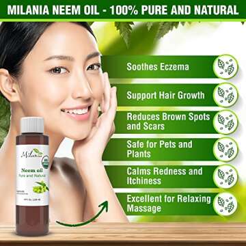 MILANIA Premium Organic Neem Oil Virgin, Cold Pressed, Unrefined 100% Pure Natural Grade A. Excellent Quality.(4 Fl. Oz.)