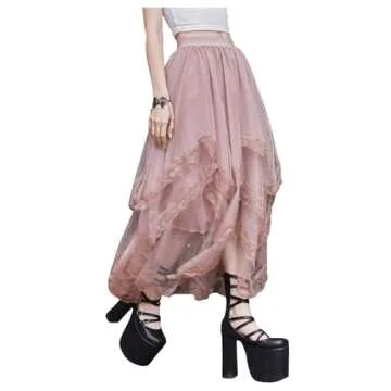 Lace Trim Layered Tulle Gothic Skirt for Women
