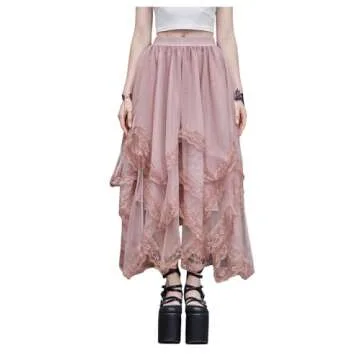 Lace Trim Layered Tulle Gothic Skirt for Women
