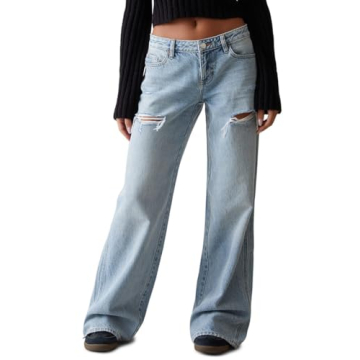 PacSun Eco Ripped Low Rise Baggy Jeans for Women, Light Indigo Wash, Straight Leg, Flared Denim, Ult...