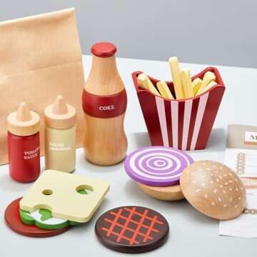 Wooden Play Food for Kids Pretend Hamburger Set Fast Food Toy Play Kitchen Accessories for Toddlers ...