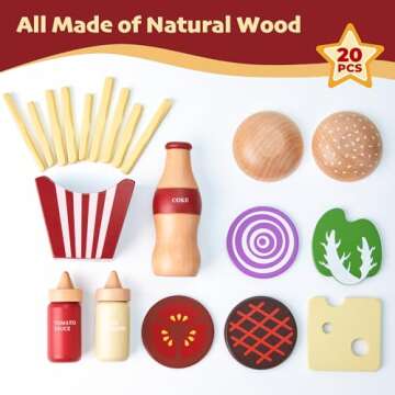 Wooden Play Food for Kids Pretend Hamburger Set Fast Food Toy Play Kitchen Accessories for Toddlers Toy Food Gift for Boys Girls Educational Toys