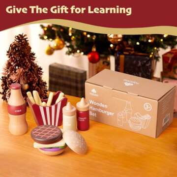 Wooden Play Food for Kids Pretend Hamburger Set Fast Food Toy Play Kitchen Accessories for Toddlers Toy Food Gift for Boys Girls Educational Toys