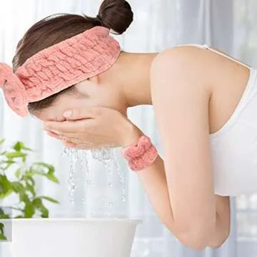 3 Pieces Face Wash Headband and Wristband Set, Spa Headband Makeup Skincare Headbands Wrist Towels Wrist Bands for Washing Face (Pink)