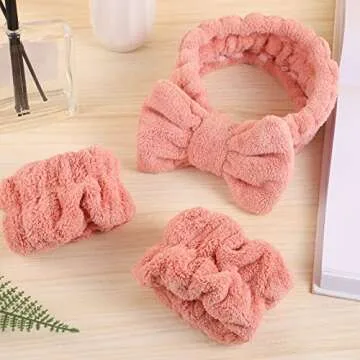 3 Pieces Face Wash Headband and Wristband Set, Spa Headband Makeup Skincare Headbands Wrist Towels Wrist Bands for Washing Face (Pink)