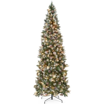 Best Choice Products 6ft Pre-lit Pencil Christmas Tree, Partially Flocked & Frosted Slim Holiday Tre...