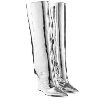 THESHY Women‘s Pointed Toe Knee High Boot Wedge Metallic High Heel Thigh High Boot Patent Leather Pull on Shoes