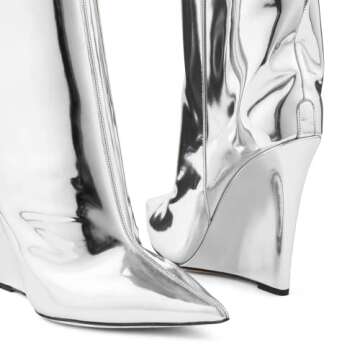 THESHY Women‘s Pointed Toe Knee High Boot Wedge Metallic High Heel Thigh High Boot Patent Leather Pull on Shoes