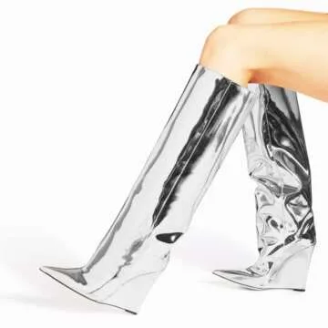 THESHY Women‘s Pointed Toe Knee High Boot Wedge Metallic High Heel Thigh High Boot Patent Leather Pull on Shoes