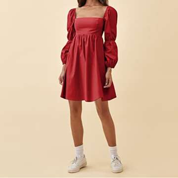 EXLURA Womens Square Neck Dress Long Puff Sleeve A-Line Casual Short Mini Dress Red