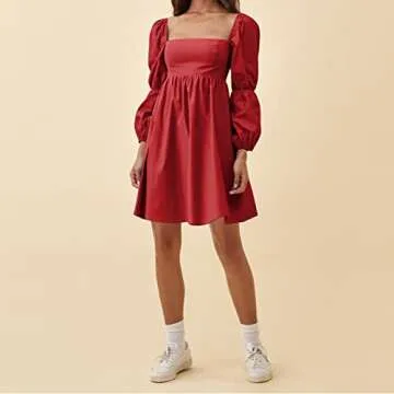 EXLURA Womens Square Neck Dress Long Puff Sleeve A-Line Casual Short Mini Dress Red