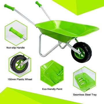 Altdorff Kids Wheelbarrow Set Metal, Child Wheel Barrel Green Easy to Assemble and Kids Gardening Tools Kit, Garden Toys with Small Wheel Barrow, Outdoor Indoor Toys Gift for Children