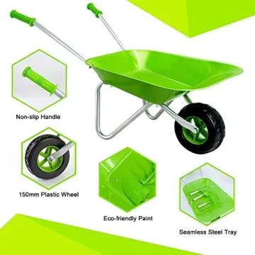 Altdorff Kids Wheelbarrow Set Metal, Child Wheel Barrel Green Easy to Assemble and Kids Gardening Tools Kit, Garden Toys with Small Wheel Barrow, Outdoor Indoor Toys Gift for Children
