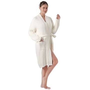 Bearberry Cozy Ribbed Robe - Lightweight Plush Nightgown with Pockets (Standard, Cream)