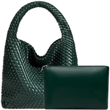 Elegant Women’s Vegan Leather Hand-Woven Tote Handbag with Purse in Dark Green