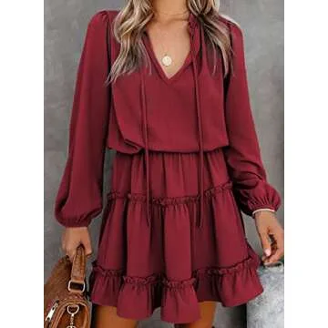 Happy Sailed Dresses for Women 2024 Sexy V Neck Long Sleeve Ruffle Layered Self Tie Cocktail Party Swing Mini Dresses for Cocktail Party Red Medium