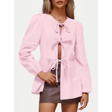 AUTOMET Women Tie Front Peplum Tops Going Out Y2K Long Puff Sleeve Bow Babydoll Coquette Cute Tunic ...