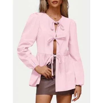 AUTOMET Women Tie Front Peplum Tops Going Out Y2K Long Puff Sleeve Bow Babydoll Coquette Cute Tunic ...
