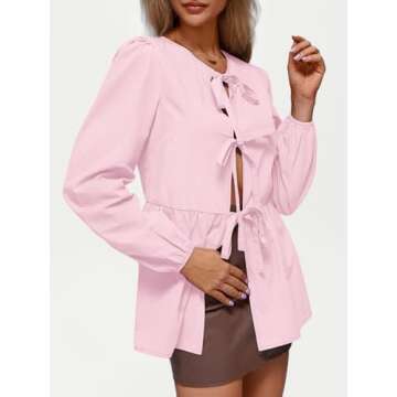 AUTOMET Women Tie Front Peplum Tops Going Out Y2K Long Puff Sleeve Bow Babydoll Coquette Cute Tunic Shirts 2024 Fall Casual Eyelet Blouse Trendy Outfits Fashion Clothes Pink M