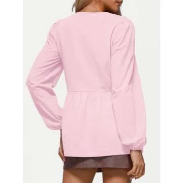 AUTOMET Women Tie Front Peplum Tops Going Out Y2K Long Puff Sleeve Bow Babydoll Coquette Cute Tunic Shirts 2024 Fall Casual Eyelet Blouse Trendy Outfits Fashion Clothes Pink M