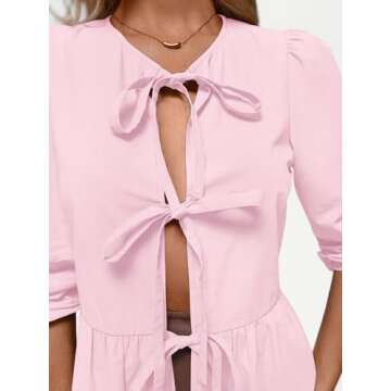 AUTOMET Women Tie Front Peplum Tops Going Out Y2K Long Puff Sleeve Bow Babydoll Coquette Cute Tunic Shirts 2024 Fall Casual Eyelet Blouse Trendy Outfits Fashion Clothes Pink M