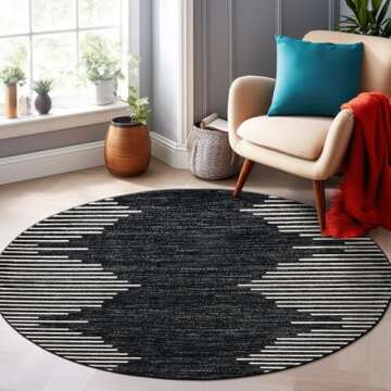 Rugshop Bohemian Stripe Stain Resistant High Traffic Living Room Kitchen Bedroom Dining Home Office Round Area Rug 8' Black
