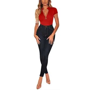 BEAGIMEG Women's Sexy Zipper Front Bodysuit Tops Short Sleeve Jumpsuit Leotard Red