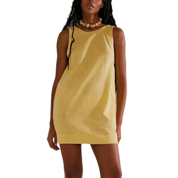 Megfie Womens Summer Crew Neck Sleeveless Open Back Dress Casual Beach Sunshine Cotton Linen Mini Dr...