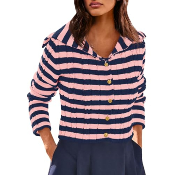 Saodimallsu Womens Striped Sweaters Cropped Collared Cable Knit V Neck Long Sleeve Button Down Fall ...