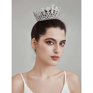 SWEETV Crystal Queen Crown for Women, Full Round Birthday Tiara Cake Topper, Pageant Prom Wedding Tiara Crown for Birde, Silver,Grace
