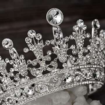 SWEETV Crystal Queen Crown for Women, Full Round Birthday Tiara Cake Topper, Pageant Prom Wedding Tiara Crown for Birde, Silver,Grace