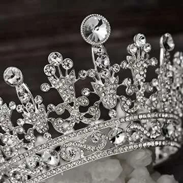 SWEETV Crystal Queen Crown for Women, Full Round Birthday Tiara Cake Topper, Pageant Prom Wedding Tiara Crown for Birde, Silver,Grace