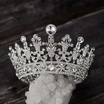SWEETV Crystal Queen Crown for Women, Full Round Birthday Tiara Cake Topper, Pageant Prom Wedding Tiara Crown for Birde, Silver,Grace